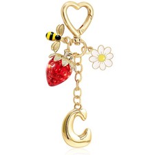 Initial Letter Bag Charm Cute Strawberry Bee Keychain Purse Accessories for W...