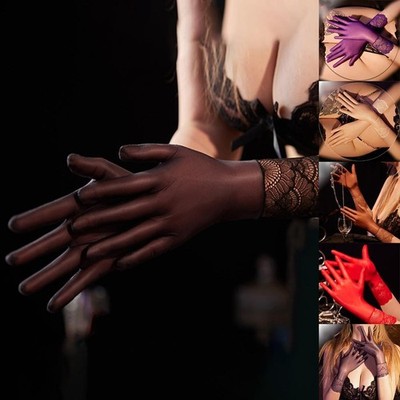 Sheer Transparent Gloves Short Style Women Mesh Lace Glossy Seamless Mittens