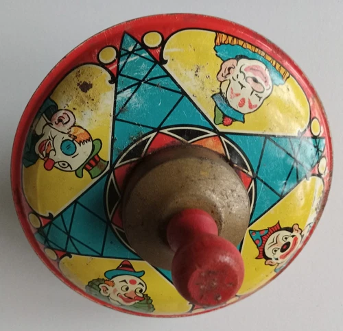 VTG J. Chein Tin USA Litho Spinning Top Featuring Clowns - WORKS GREAT