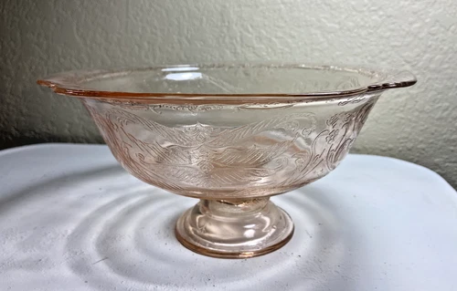 Vintage Pink Depression Glass Footed Bowl with Embossed Floral Pattern