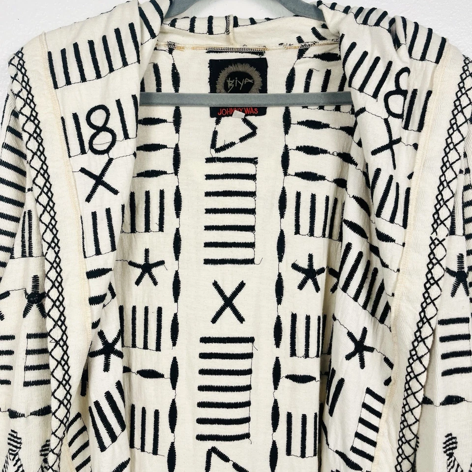 Biya Johnny Was Large Womens Ivory Black Embroidery Cotton Knit Hooded Cardigan - Image 2 of 4