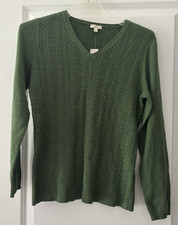 NWT Talbots Outlet Green V-Neck 100 Cable Knit Pullover Sweater Medium NEW