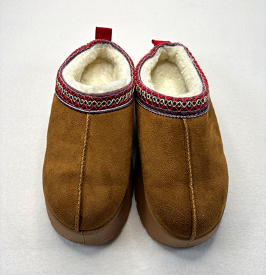 Women s Faux Suede Platform Slippers Size 6.5 Brown Sherpa Lined Cozy Mule Shoes