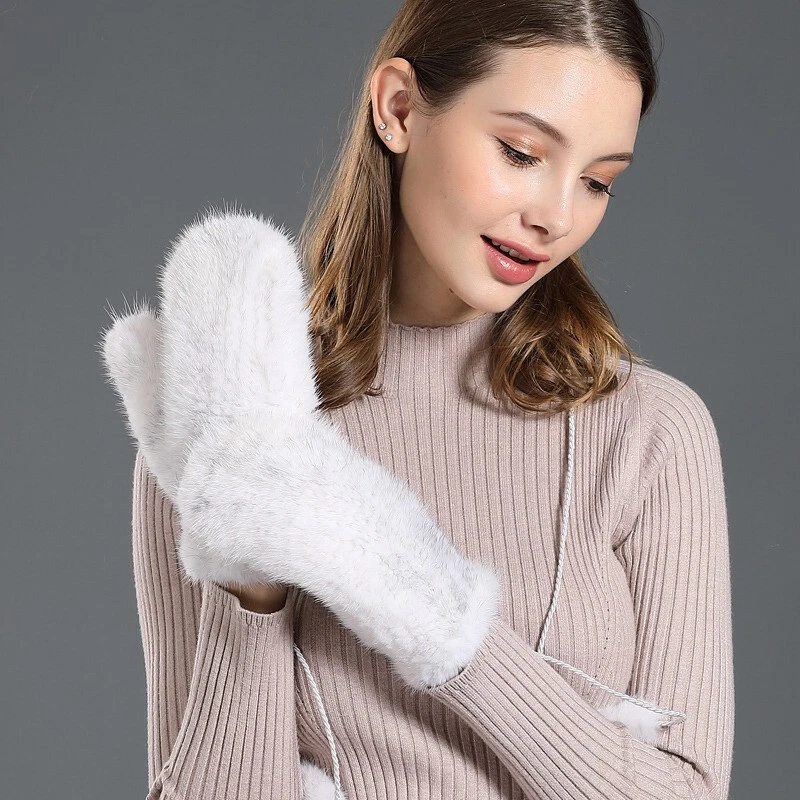Guantes de piel de visón real para mujer tejidos cálidos muñeca elásticos guantes mangas con cuerda Foto 2 de 4