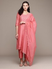 Women Chanderi Silk Kurti Pant Dupatta Set Indian Party Wear Ethnic Casual Dress