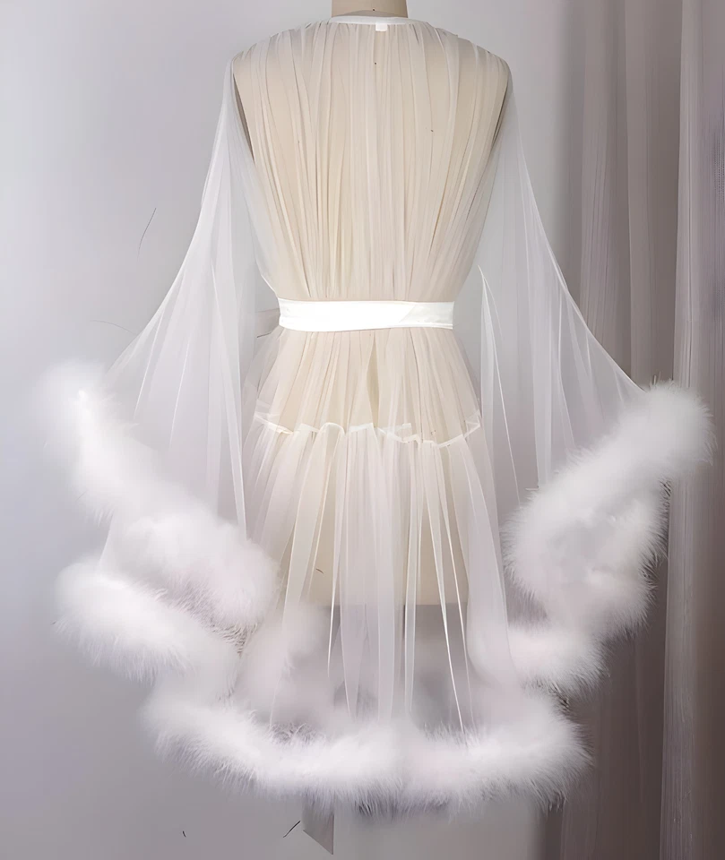 Bata de piel para mujer bata de tul sexy batas ribete de piel vestido bata de tul de piel para Mater Foto 4 de 4