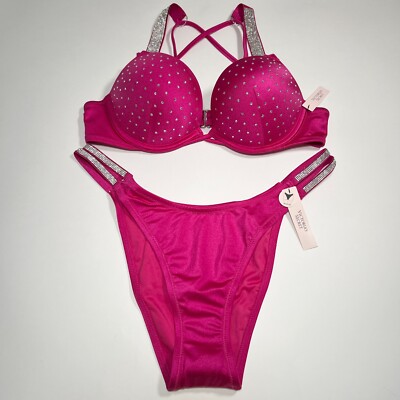 Victoria Secret 36DD L Bombshell Push Up Bikini Top Set Shine Strap Berry Blush