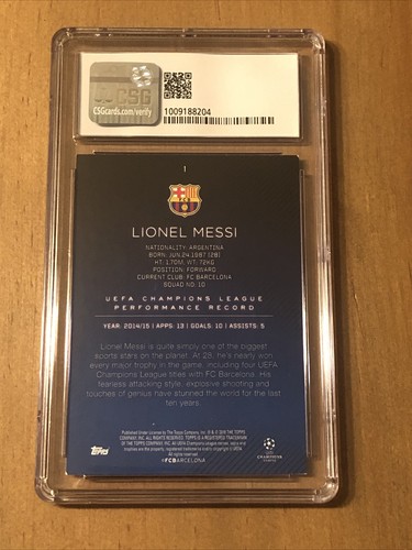 Lionel Messi Blue Parallel 2015 Topps UEFA CL Showcase Base Card #1 CSG 8.5 - Picture 6 of 6
