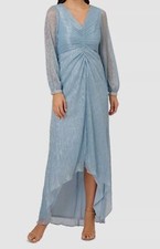 Adrianna Papell Women's Blue Metallic V Neck Sheer Bishop Sleeve Dress Size 14