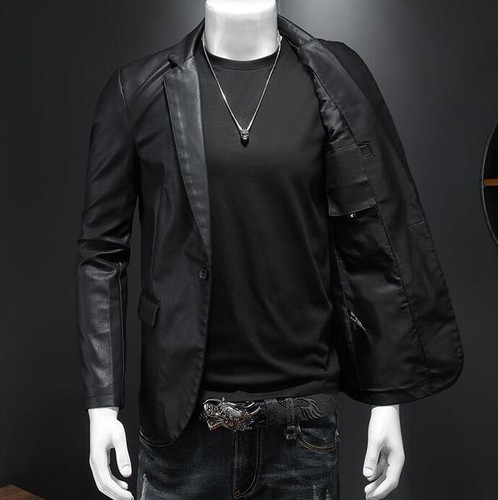 New Men's Faux Leather Suit Jacket Sprin/ Fall PU Blazer Long sleeve Coats gift - Picture 9 of 16