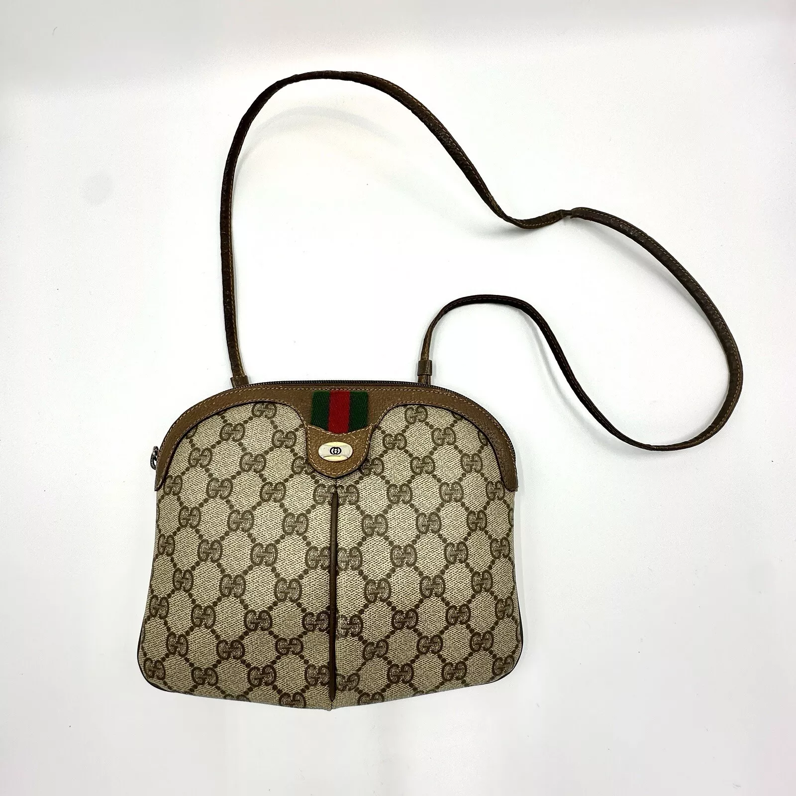 Sac à bandoulière vintage GUCCI GG cuir PVC ligne sherry marron/beige authentique sac à main