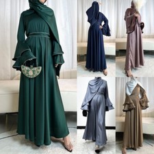 New Women Flare Sleeve Dress Arab Plain Color Robe Muslim Islamic Burqa Gown
