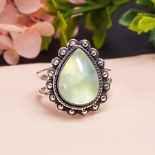 Natural Prehnite Green Gemstone 925 Sterling Silver Ring Oxidize Jewelry Gift.