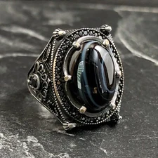 Mens Oval Black Agate Gemstone Silver Ring , Silver French Royal Sign Ring