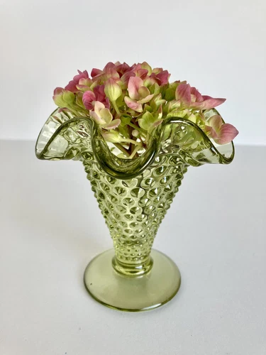 Vintage Fenton Peridot Green Hobnail Ruffled Small Vase 3 3/4"