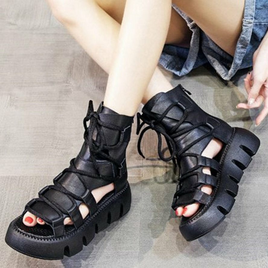 Gladiator Women Cow Leather Strappy Sandals Platform Chunky Summer
