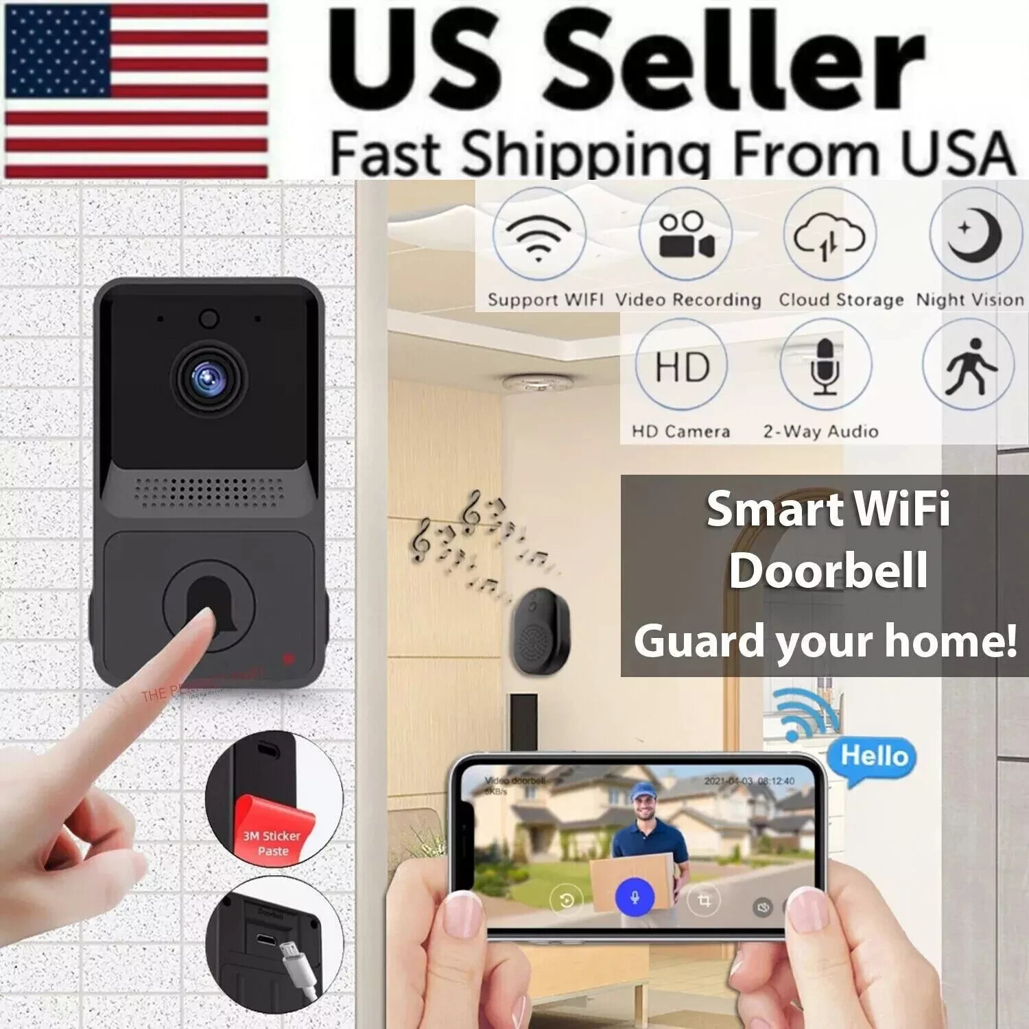 Smart Wireless WiFi Doorbell Intercom Video Camera Door Ring Bell Chime Security-image