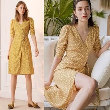 SIMPLE RETRO Tea Dress XS Lemon Yellow Wrap Mustard Stars Ruched Half Mid Sleeve