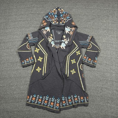 Caite Women's L Cardigan Gray Embroidered Hooded Open Front Boho Floral Pockets