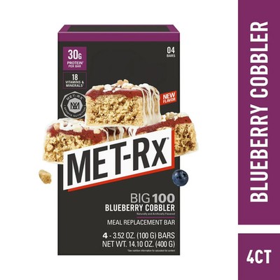 MET-Rx Big 100 Protein Bars, Blueberry Cobbler Meal Replacement Bars, 4 Ct