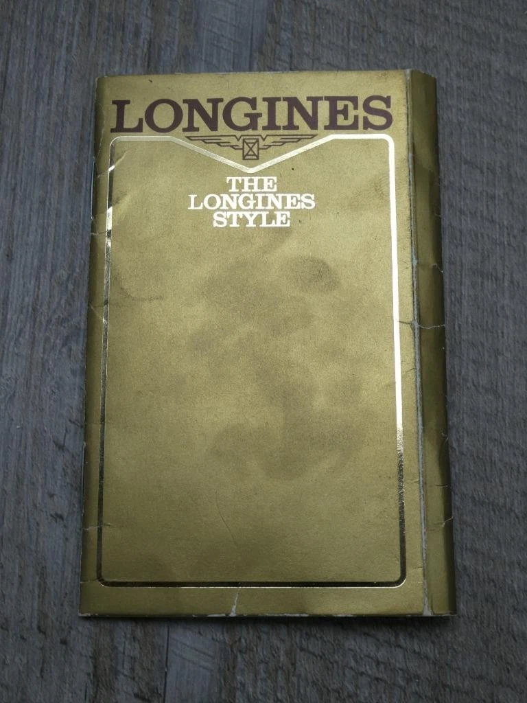 Folleto de instrucciones Longines vintage y bolsa marrón, ajuste de fecha y hora