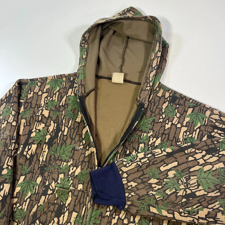 Moletom com capuz camuflado vintage masculino médio zíper completo Ace forrado termicamente Trebark EUA 80s - Imagem 3 de 4