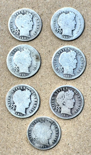LOT OF 7 BARBER DIMES  1901, 1903, 1907, 1907D, 1911, 1911D, 1914, Good Features