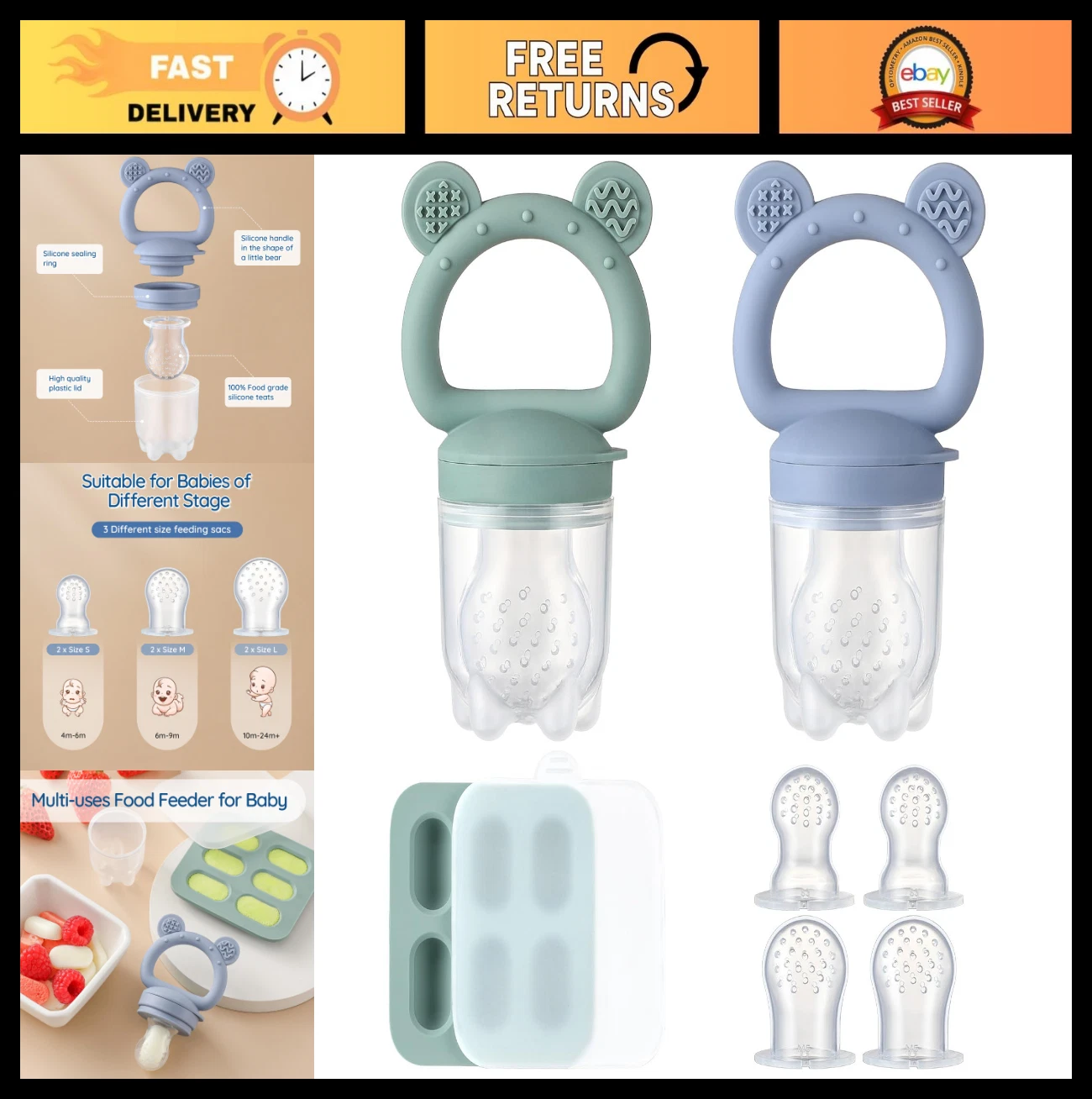 2 Pack Silicone Baby Fruit Feeder & Freezer Tray, Teething Relief Popsicle Molds
