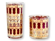 Midcentury Culver Cranberry & 22K Gold Cocktail Glasses - Set of 12