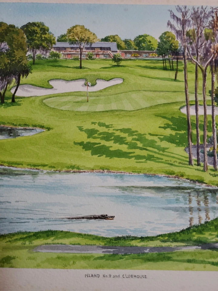 Винтажное оригинальное акварельное поле для гольфа с автографом Robert R. Young «Island No.9»  - Изображение 4 из 4