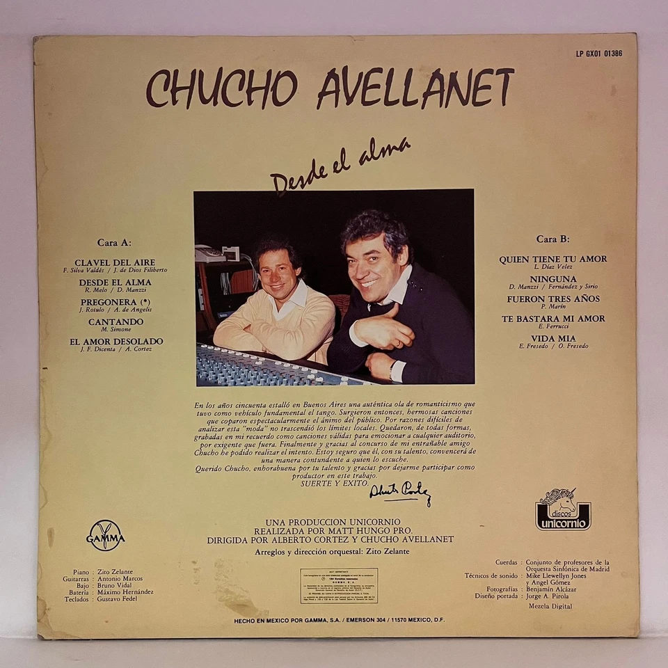 CHUCHO AVELLANET- DESDE EL ALMA - 1984 MEXICAN LP ALBUM, LATIN POP - Image 2 of 4