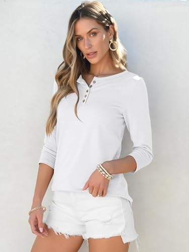 Womens 3/4 Sleeve Tops Henley Shirts Casual Trendy Button T Shirts Small White - Foto 4 di 7