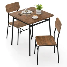 3 PCS Wood Square Kitchen Table & Chair Set w/ Metal Frame Storage Rack