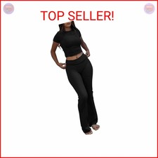 ZFLM Casual Workout Two Piece Outfits for Women Short Sleeve Crop High Waist Fol
