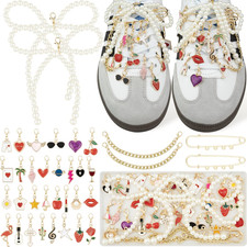 36 Pcs Shoe Charms Kit, Gold Flower Shoe Charms for Sneakers, Gold and Pearl Sho