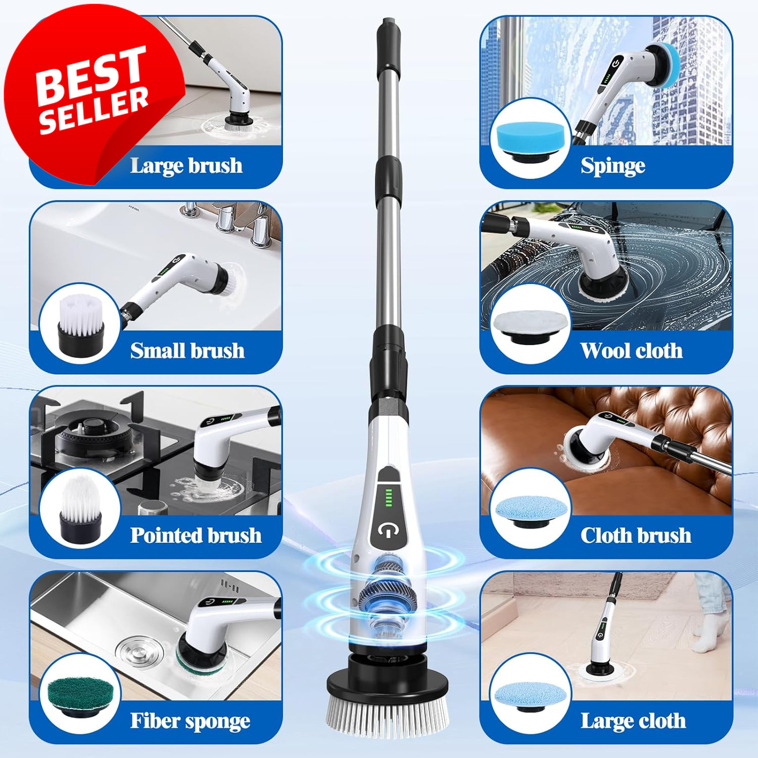 Electric Spin Scrubber Cordless Power Cleaner 8 Brush Heads Adjustable Handle US