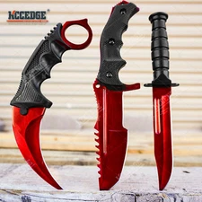 RED 3PC COMBO KNIFE SET Tactical Survival Hunting Camping Fixed Blade