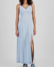 Guess Women's Blue Cruz Floral-Print Slit-Front V-Neck Denim Maxi Dress Sz XS