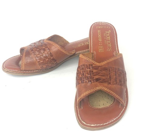 Footnote Slide Mule Tan Leather Weave Low Block Heel Made In Brazil 6.5M Comfy