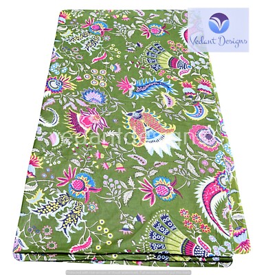 5 Yard Indian Hand Block Cotton Green Mukut Print Handcrafted Fabric
