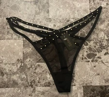 NWT FREDERICK'S OF HOLLYWOOD BLACK MESH GOLD STRAPPY ROZLYN THONG PANTIES