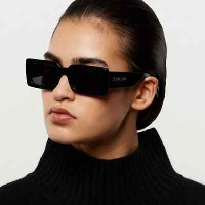 PRADA PR A07S 1AB5S0 Black Silver Logo Dark Grey Lens Sunglasses