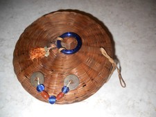 7 1/2" w Antique Chinese Wicker Sewing Basket with Tassels, Beads, Coins,