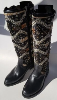 Frye Noir Multi Cuir Créateur Laine Mexico Tirer Sur Bottes Hauteur Genou 6 B - Photo 1/4