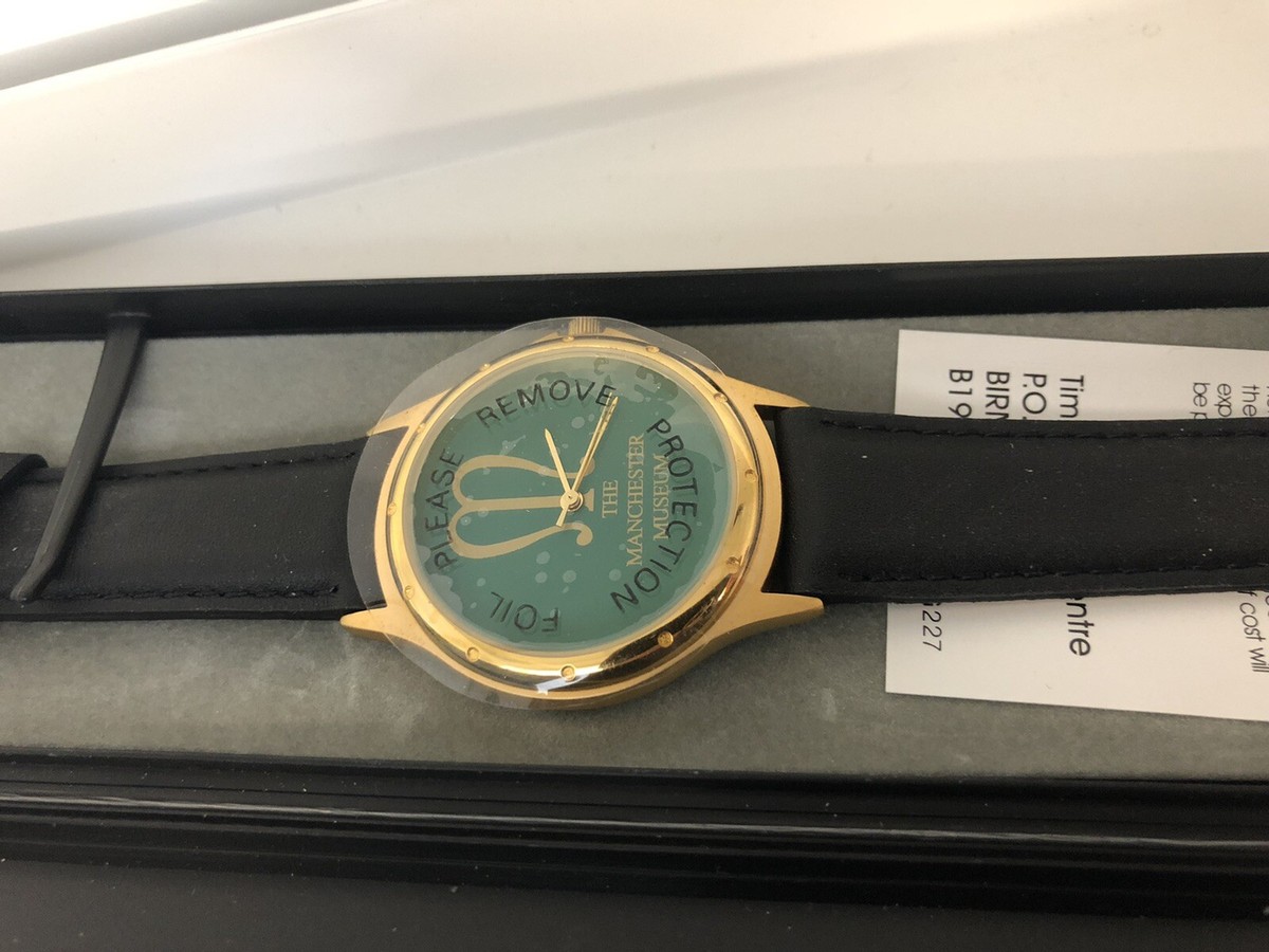 38mm Quartz Watch The Manchester Museum Gold Black Leather strap