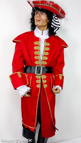 Pirate Captain Costume Men's Rd/Blk 8Pc Coat Pants Shirt Sash Boot Tops & Hat Lg