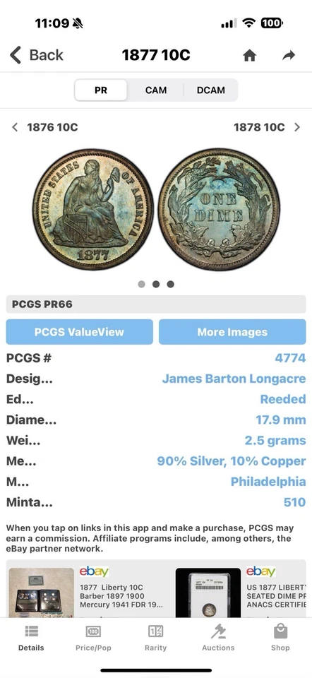 1877-P ULTRA DCAM PRISTINE+ GEM PROOF SEATED LIBERTY DIME - RARE ONLY 510! DC68 - Image 3 of 3