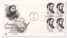 STAMP US SCOTT 1446 "Sidney Lanier" 8 CENT 1972 FDC BLOCK OF 4 - E