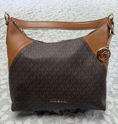 Michael Kors Brown/Tan Monogram Medium Shoulder Bag Zip Gold Hardware Charm