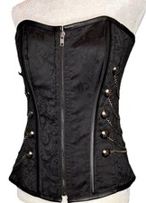 Spirit Black Brocade Corset Bustier Chain Lace Up Zip Front Size L Steampunk